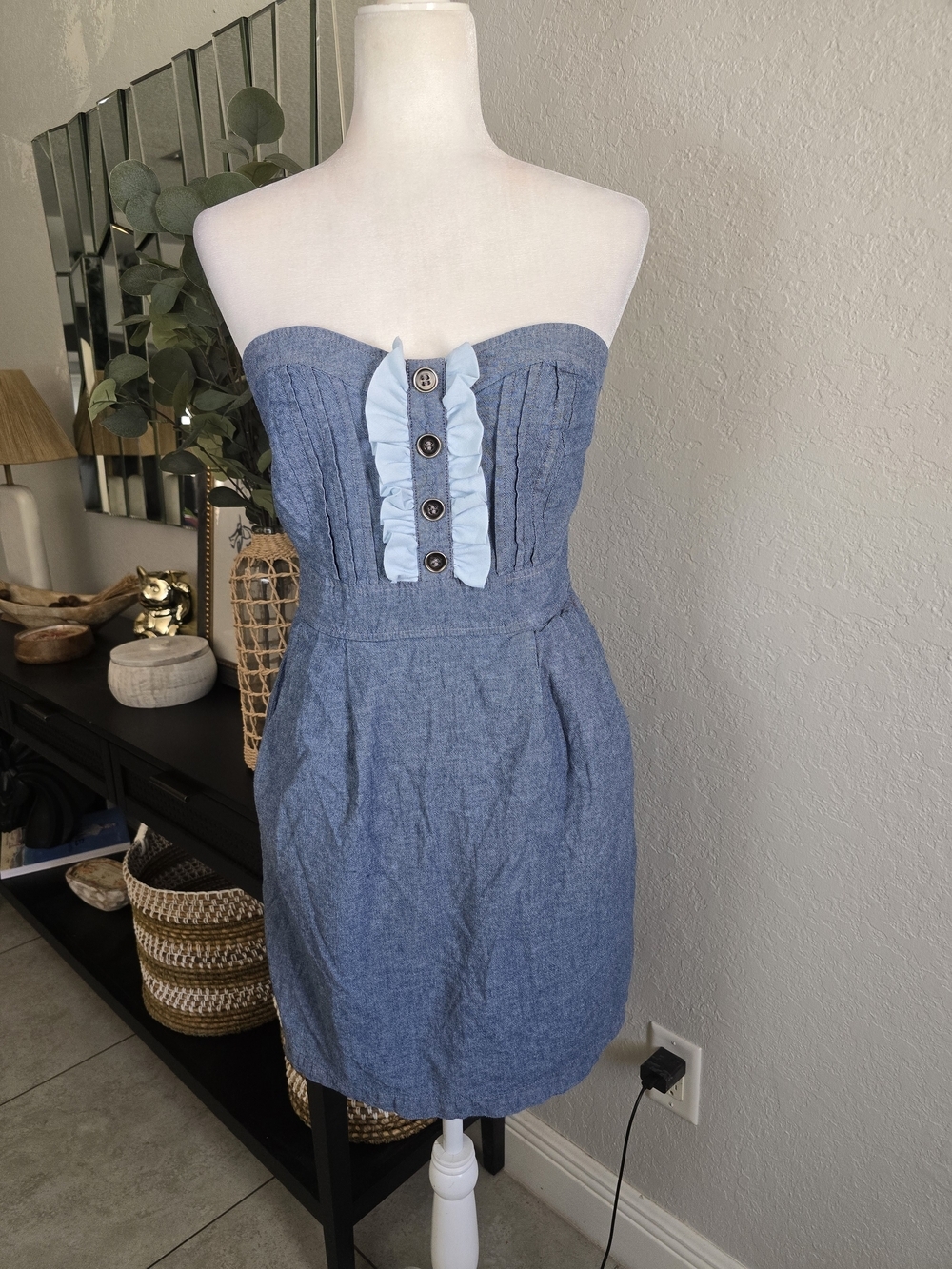 BeBop Strapless Denim Chambray Dress with Ruffle & Buttons L